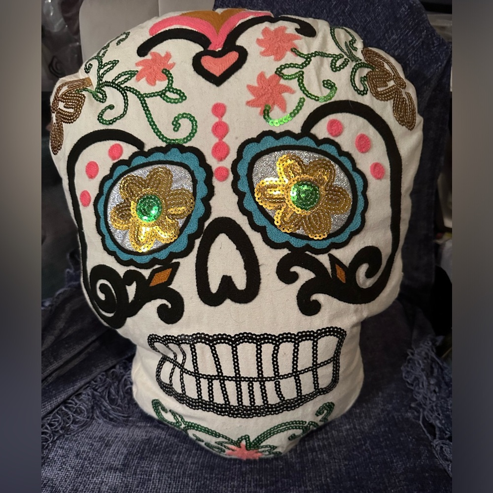 Sequined Sugar Skull Pillow with white background